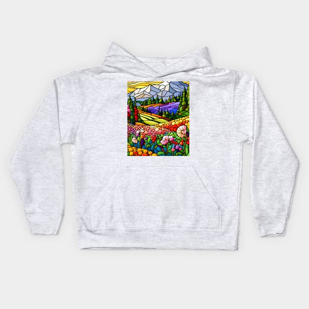 Stained Glass Colorful Mountain Flowers Kids Hoodie by Chance Two Designs